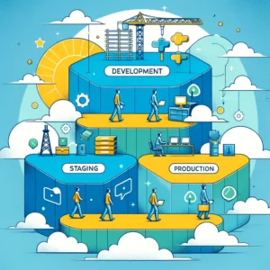 Une illustration conceptuelle représentant trois environnements de travail distincts dans le développement web _ développement, staging, et production