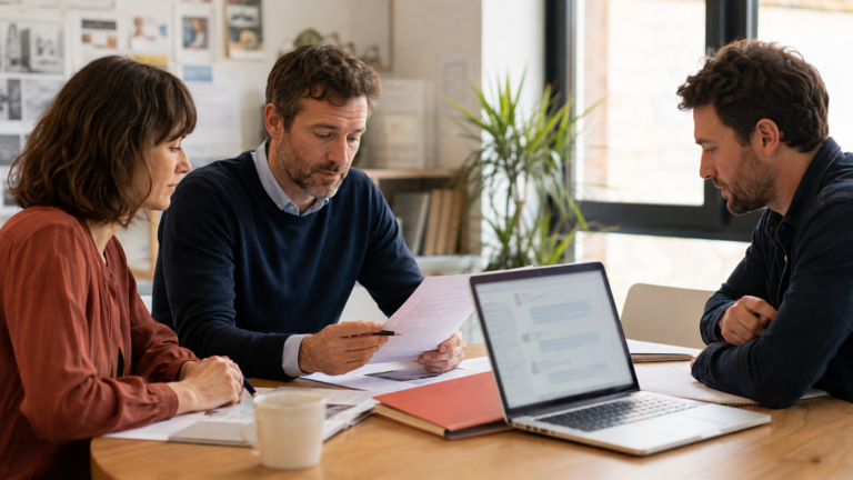 Trois collaborateurs d’une PME réunis autour d’un ordinateur pour définir leurs règles d’usage de l’IA.