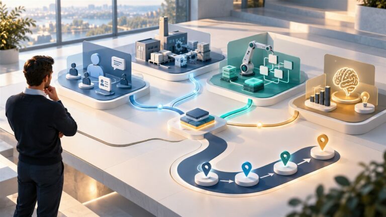 Illustration d’un audit SI reliant CRM, ERP, automatisation et intelligence artificielle dans une PME