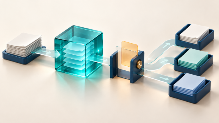Illustration d’un flux de documents traversant un module turquoise et une étape de validation avant leur classement dans trois bacs.