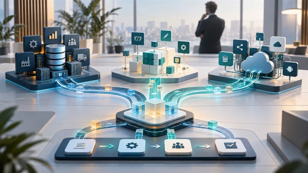 Illustration d’un flux de données reliant ERP, logiciel métier et intégrations pour une PME