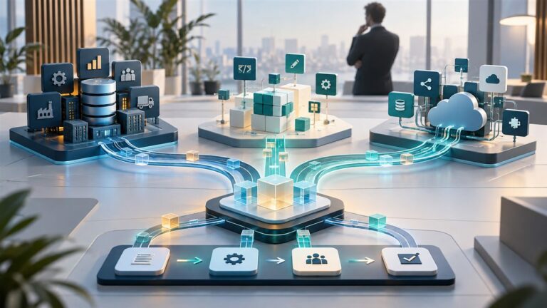 Illustration d’un flux de données reliant ERP, logiciel métier et intégrations pour une PME