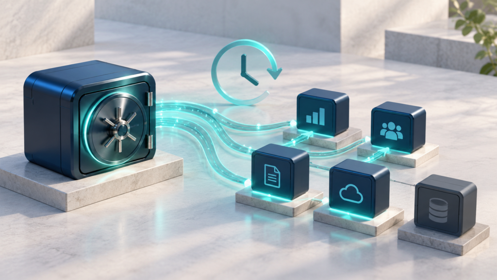 Illustration d’un coffre de sauvegarde relié à des modules d’applications métier, avec une horloge symbolisant leur remise en service.